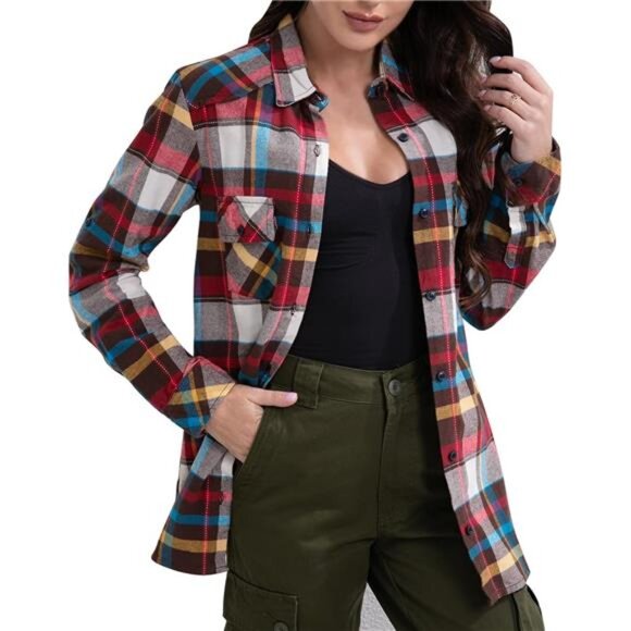 Match Womens Button Down Flannel Plaid Shirts roll up Long Sleeve Shackets - Picture 1 of 8